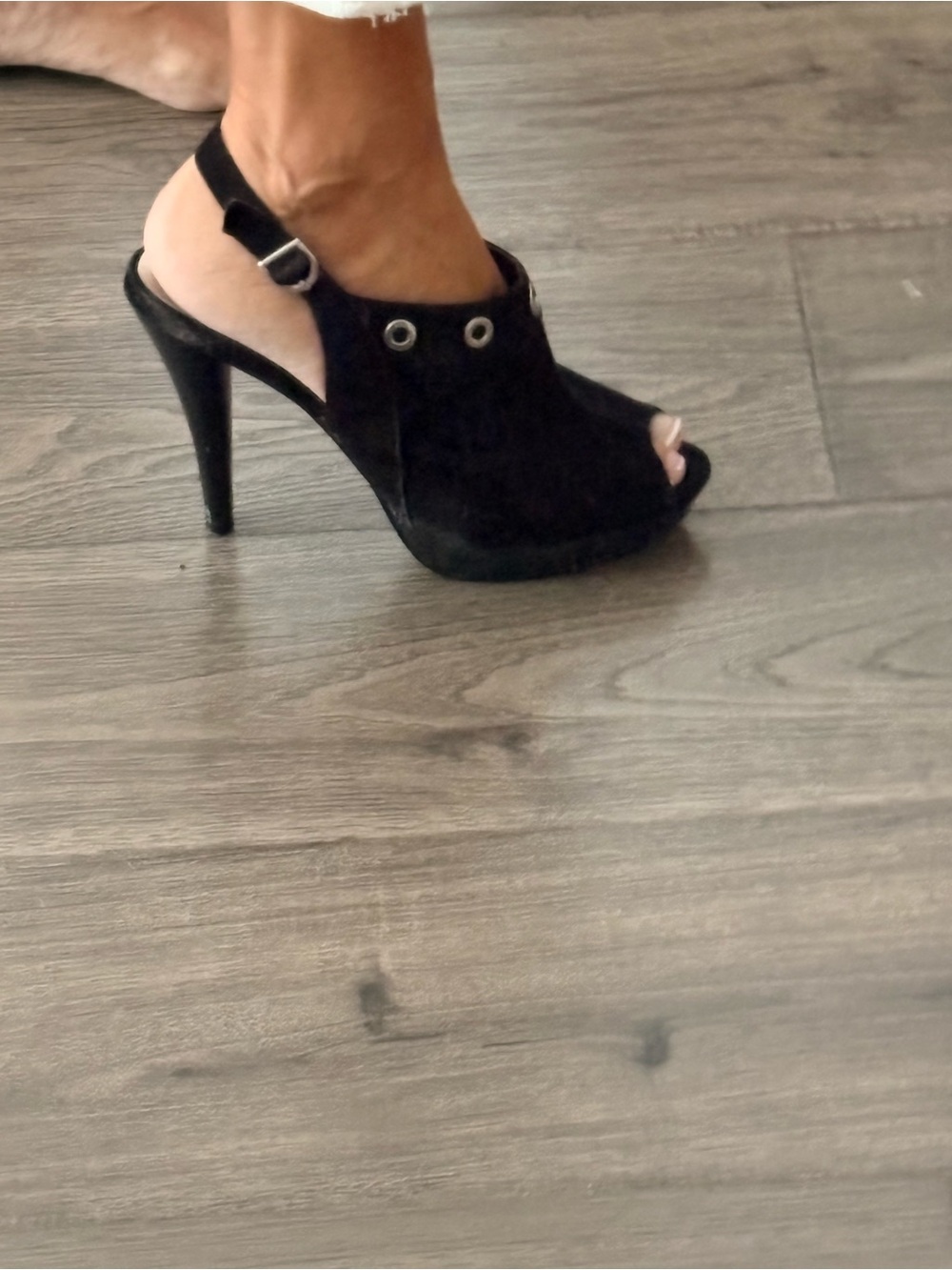 Style & Co. Black Suede Open-Toe Slingback Heels with Grommet Detail